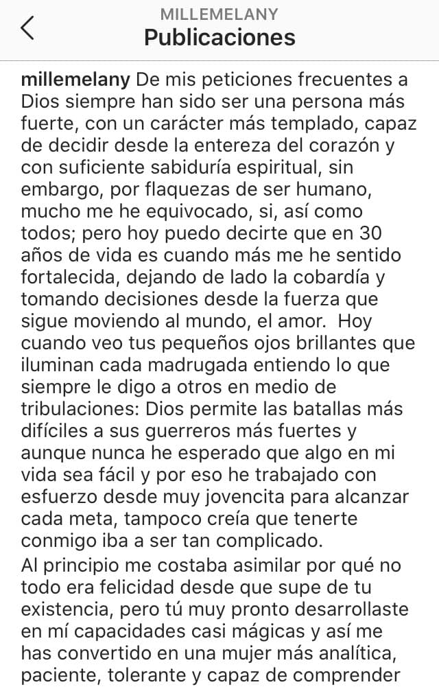 "Y aunque nunca he esperado que algo en mi vida sea fácil y por eso he trabajado con esfuerzo desde muy jovencita para alcanzar cada meta, 
<b><a href="https://www.univision.com/famosos/nacho-recibe-regalos-para-su-primera-nina-tres-dias-despues-de-confirmar-que-se-convertira-en-padre-por-quinta-vez-fotos" target="_blank">tampoco creía que tenerte conmigo iba a ser tan complicado</a></b>", admitió. 
<br>