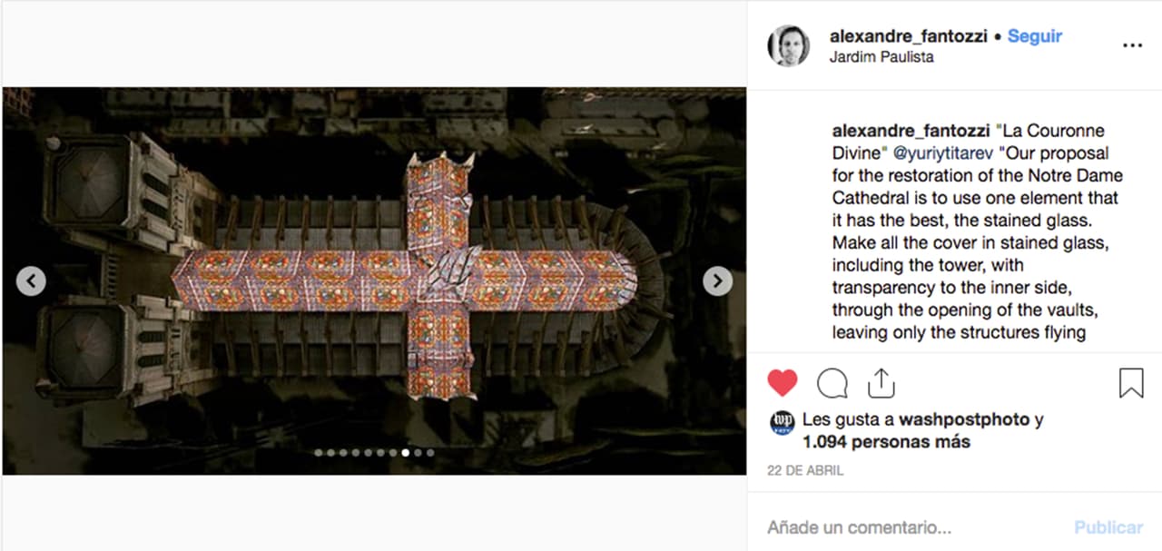 <b>El nuevo techo y aguja de la catedral construidos totalmente con vitrales. </b>"En el gótico está la conexión de la tierra al cielo y dentro de la catedral la iluminación natural se multiplica en colores a través de la cubierta de vidrio. Por la noche la iluminación interior se convierte en una grandiosa cobertura retro retroiluminada” 
<a href="https://www.instagram.com/p/BwlT-a4lXLC/?utm_source=ig_web_copy_link" target="_blank">se lee en la publicación</a> del diseñador Alexandre Fantozzi, fundador del estudio de arquitectura brasileño Aj6 Studio.
