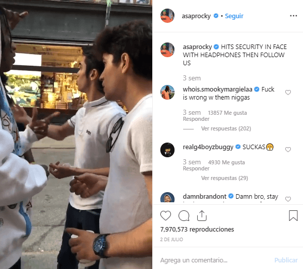 A$AP Rocky publicó en Instagram un video donde se observa que solicitan a dos hombres que dejen de seguirlos. "Golpean al seguridad en la cara con unos audífonos y luego nos siguen", comentó en la publicación.