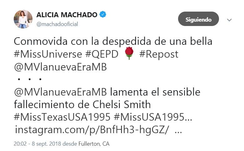 A través de su cuenta de Twitter, Machado escribió: "Conmovida con la despedida de una bella Miss Universe, QEPD [...]".