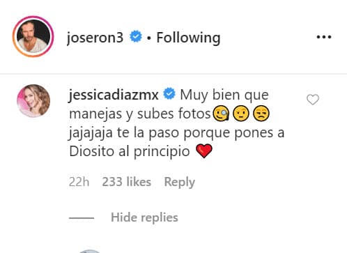 Luego del reclamo, agregó: "Ja ja ja ja,
<b> te la paso</b> porque pones a Diosito al principio", le escribió haciendo alusión al mensaje con el que Ron acompañó la foto. 
<br>