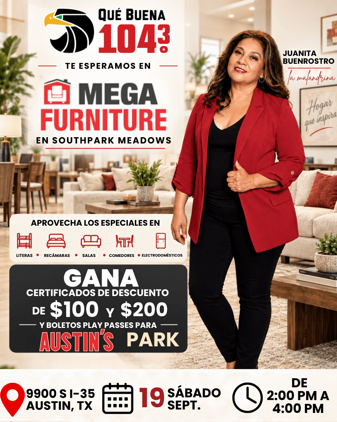 🛋️✨ ¡Este sábado 19 de septiembre te esperamos en Mega Furniture de Southpark Meadows 