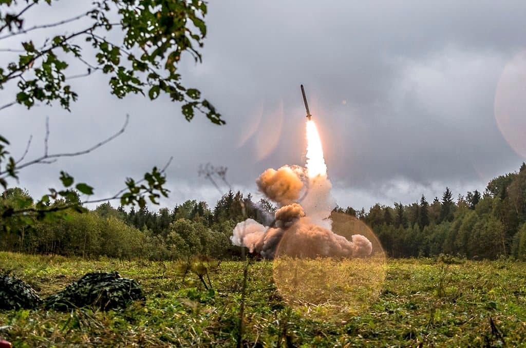 This undated file photo provided by Russian Defense Ministry official web site shows a Russian Iskander-K missile launched during a military exercise at a training ground at the Luzhsky Range, near St. Petersburg, Russia.