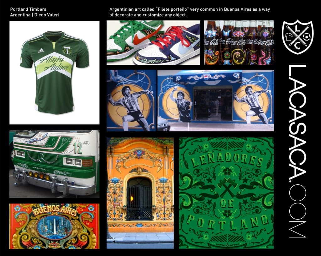 Para la casca de Portland Timbers, LaCasaca.com se inspiró en el "Filete Porteño", un tipo de arte argentino muy popular en Buenos Aires que permite decorar y personalizar cualquier objeto.