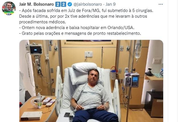 Bolsonaro se aloja en Orlando desde que salió de Brasil dos días antes de la investidura del presidente Luiz Inácio Lula da Silva. Fue hospitalizado brevemente tras sufrir dolores abdominales.