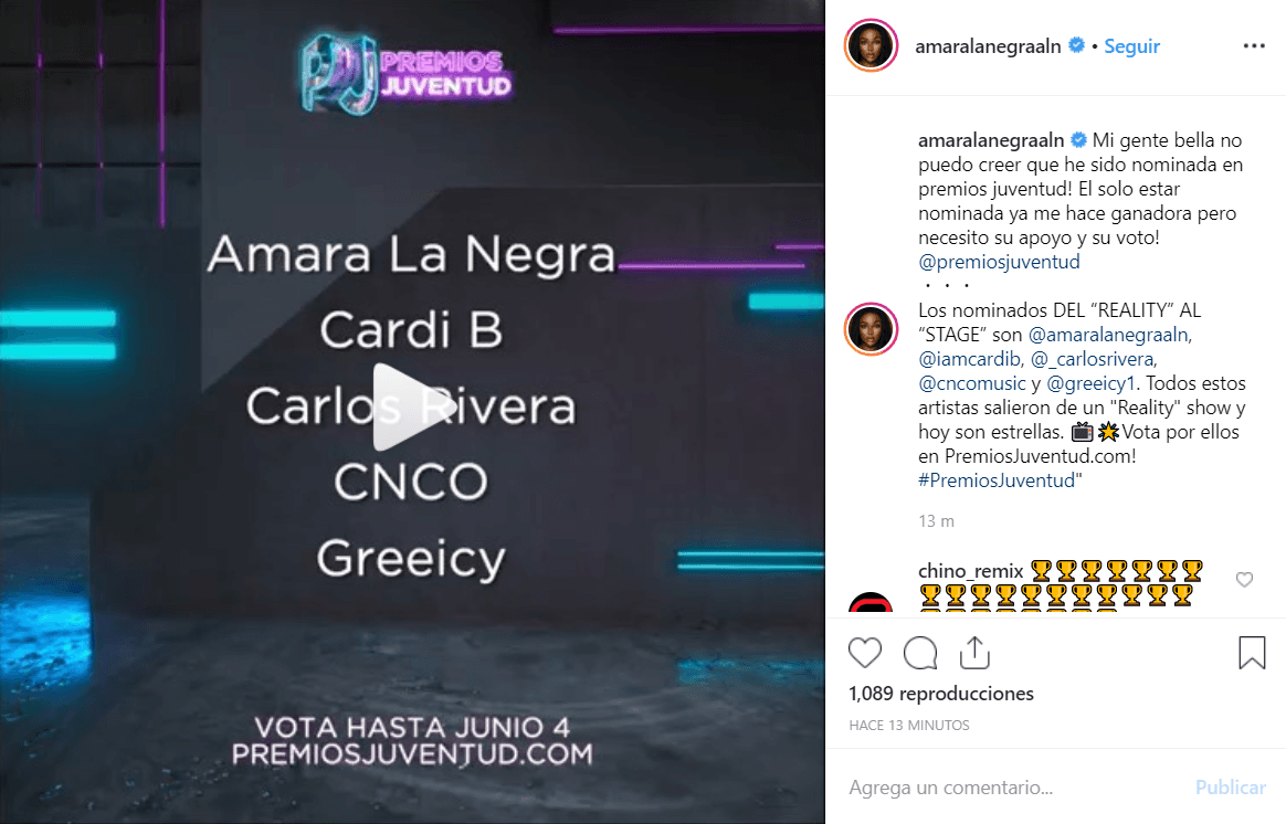 Amara 'La Negra', quien quedó en segundo lugar de la edición 2019 de Mira Quién Baila, también está entre las nominadas por lo que le confesó a su "gente bella" que no podía creerlo. "El solo estar nominada ya me hace ganadora", escribió. Invitó a sus seguidores a votar por ella en la categoría Del Reality al Stage.