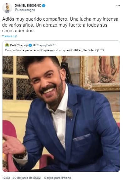 Daniel Bisogno compartió la noticia del fallecimiento de Fernando del Solar en su cuenta de Twitter, así como un breve mensaje con el que lo despidió y reconoció la 
<a href="https://www.univision.com/famosos/de-que-murio-fernando-del-solar">lucha que enfrentó contra el cáncer</a>. 
<br>