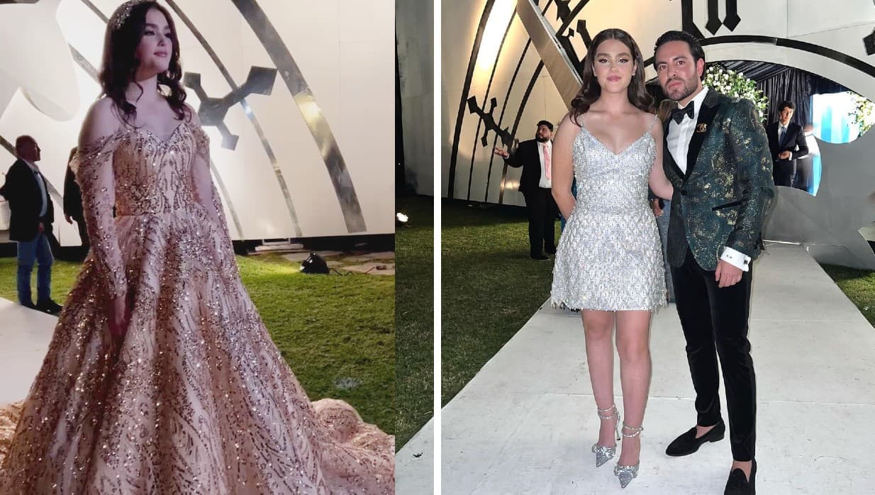 El segundo "fue en color champagne, un diseño de XV más relajado […] Su bordado era completamente de lentejuela, canutillos de cristales, y bordado en cristales Swarovski". El tercero "era totalmente de cristal y su tela mandada a hacer especialmente por mí en Nueva Delhi, ya que en ese país tengo un fabricante de bordados muy exclusivos y únicos", explicó Medina a la revista.
<br>