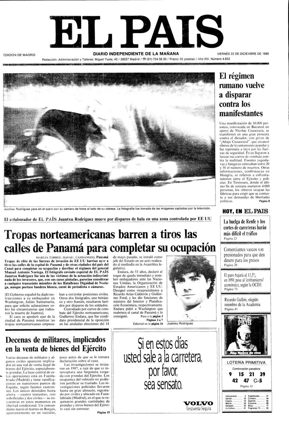 La portada del periódico español El País del 22 de diciembre de 1989 da la noticia de la muerte del fotógrafo Juantxu Rodríguez en el segundo día de la invasión de Panamá en las afueras del Hotel Marriott.