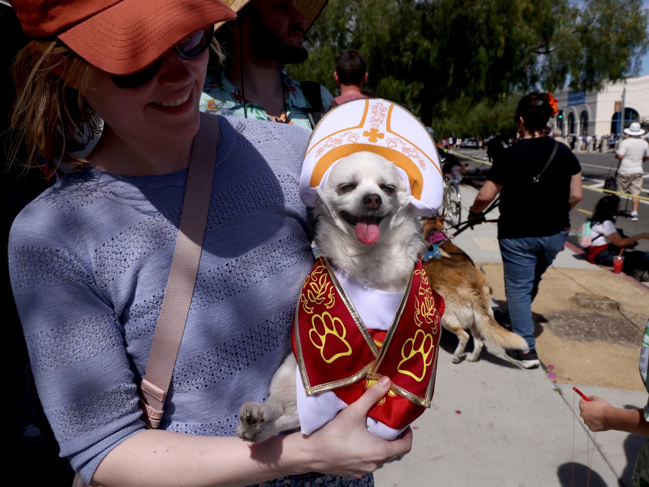 Otra de las asistentes, 
<b>'Missy'</b>, acudió junto a su dueña Marina, luciendo 
<b>un vestido de cardenal católico</b> y así recibió la bendición por parte del arzobispo Gómez.
