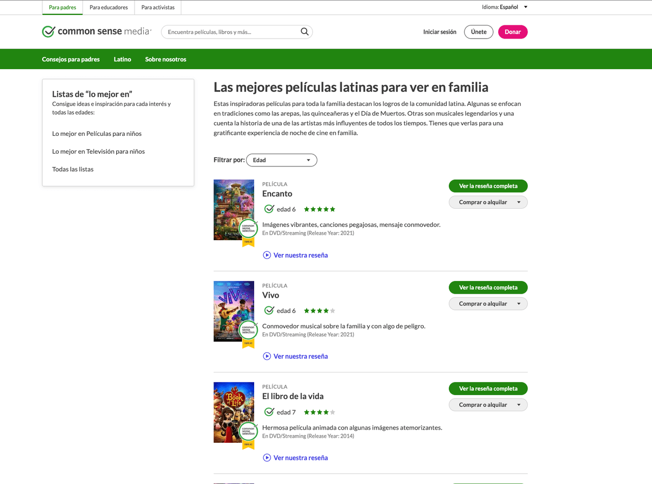 Imagen de página web de Common Sense Media en español