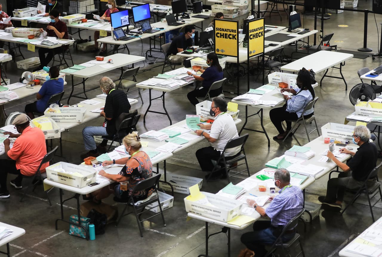 SANTA ANA, CALIFORNIA - OCTOBER 19: Election workers process mail-in ballots at the Orange County Registrar of Voters on October 19, 2020 in Santa Ana, California. California Secretary of State Alex Padilla said the state has received about ten times as many ballots this year than at the same stage in the 2016 election. For the first time in state history, all registered California voters were sent a vote by mail ballot in response to the COVID-19 pandemic. (Photo by Mario Tama/Getty Images)