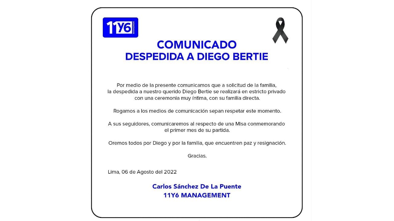 La ceremonia de despedida de Diego Bertie será privada, pero habrá una para sus seguidores para conmemorar su primer mes de fallecido.