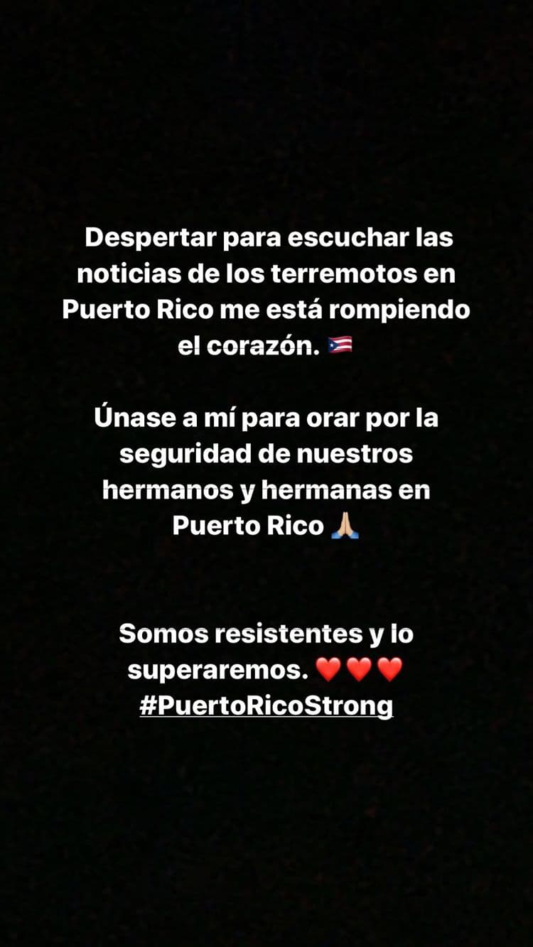 "Despertar para escuchar las noticias de los terremotos en Puerto Rico me está rompiendo el corazón", escribió el martes 7 de enero.