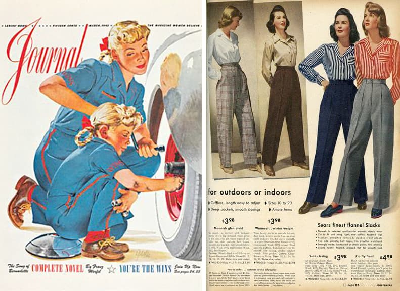 <b>1940 | La mujer trabajadora</b>
<br>Entre 1940 y 1945, el porcentaje de mujeres en el sector del trabajo pasó del 27% al 37%. A falta de mano de obra masculina a causa de la Segunda Guerra Mundial, las mujeres comenzaron a ocupar puestos de trabajo en las fábricas, para los cuales se necesitaban pantalones. 
<br>