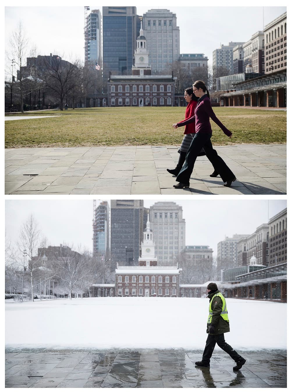 La nieve a sorprendido a unos 50 millones de personas que el miércoles disfrutaban de temperaturas primaverales, como puede verse en las imágenes del Independence Hall de Philadelphia tomadas con varias horas de diferencia.