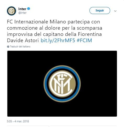 Inter de Milán: ElInter de Milán participa con conmoción del dolor por la muerte repentina del capitán de la Fiorentina Davide Astori.