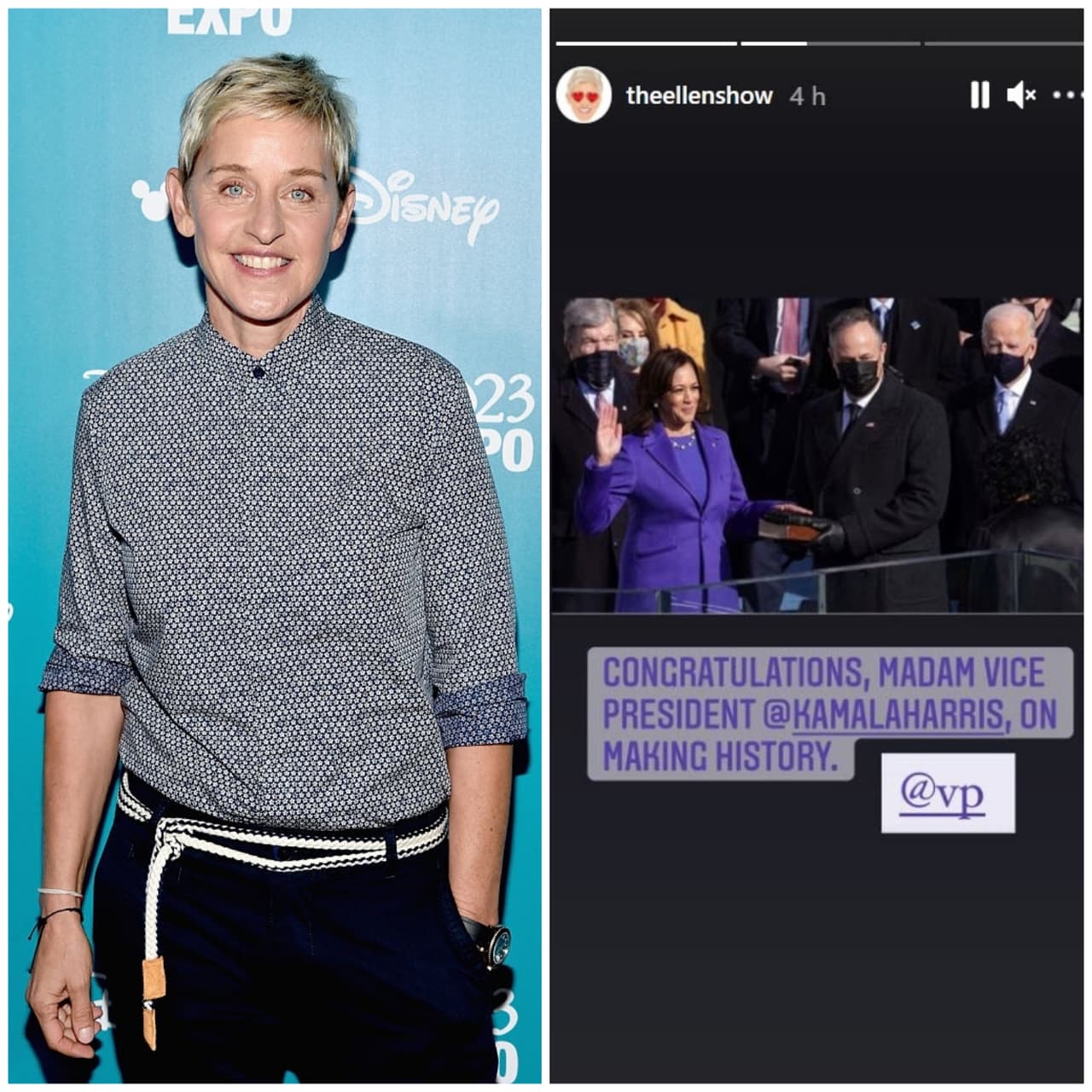 <b>Ellen DeGeneres</b> felicitó a Kamala Harris por hacer historia al ser la primera mujer vicepresidenta del país.