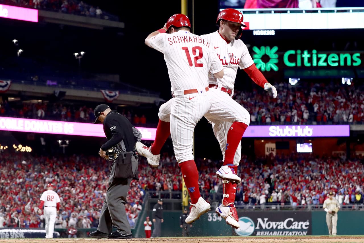 Los
<b>Phillies </b>perdían 4-0 en el primero y luego se desprendieron, se alejaron y dieron un gran espéctaculo a los fánaticos que llenaron el Citizens Bank Park. En la foto,
<b>Rhys Hoskins</b> #17 y
<b>Kyle Schwarber </b>#12 celebran un jonrón de dos carreras de Hoskins durante la primera entrada contra los Padres de San Diego en el cuarto juego de la
<b>Serie de Campeonato de la Liga Nacional</b>.
<br>