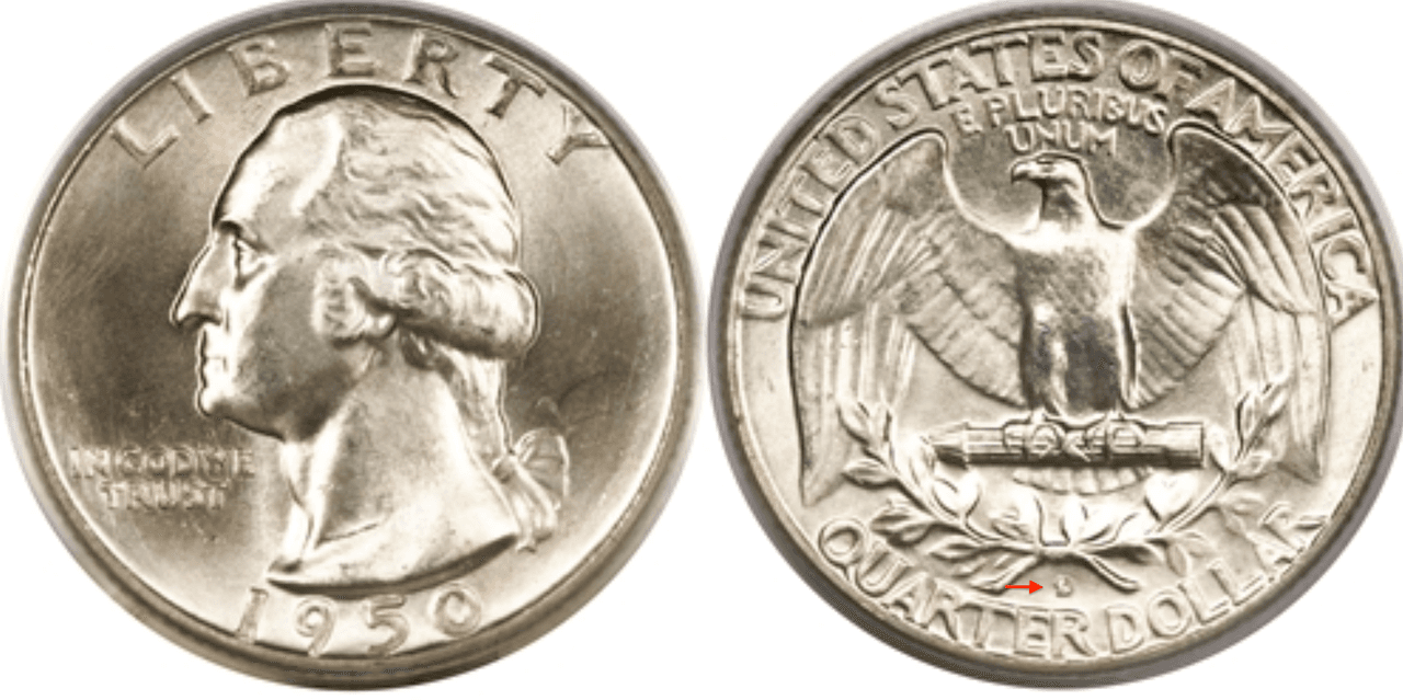 1950 sobre acuñado Washington Quarter de la casa de monedas de Denver.
<br>Mint : Denveer.
<br>Valor monetario: $0,25.
<br>Precio estimado: el valor estándar está sobre $60 dólares, pero algunas piezas pueden costar hasta $20,000.
<br>