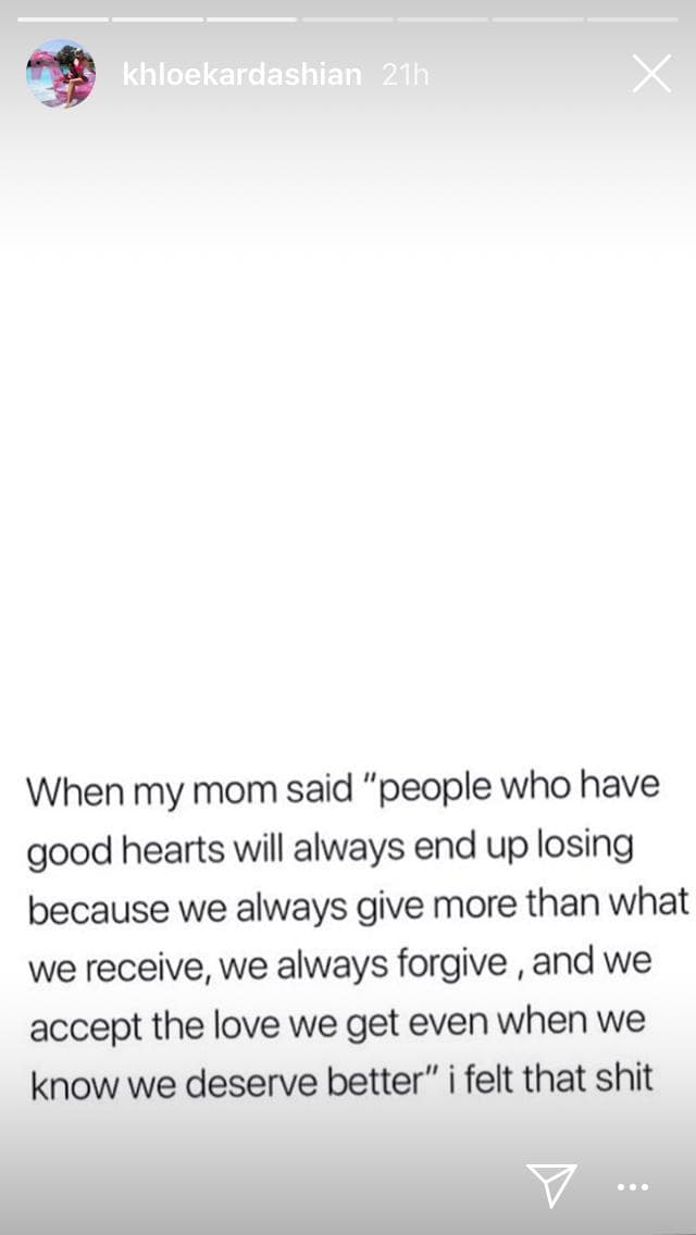 "Cuando mi madre dijo: 'Las personas que tienen un buen corazón siempre terminarán perdiendo porque 
<b>siempre damos más de lo que recibimos</b>, siempre perdonamos y aceptamos el amor que recibimos, incluso cuando sabemos que merecemos algo mejor'. Yo sentí esa mierda", escribió la joven.