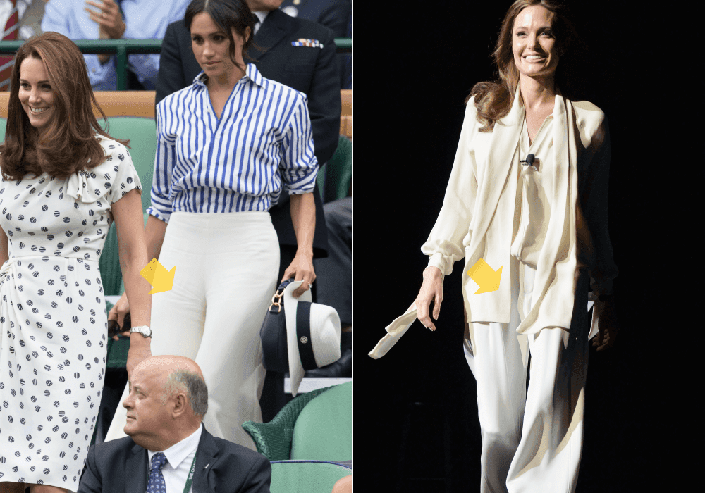 <b>LÍNEAS SUELTAS: Angelina 2014/ Meghan 2018</b>
<br>Angelina sabe muy bien que su sensualidad no depende de prendas ajustadas. Por ello, prefiere pantalones de pierna ancha y blusas femeninas en seda con una particular caída de la tela, como este look del diseñador Juan Carlos Obando que usó en un evento de cine en Las Vegas. Esa misma pareció ser la intención de
<a href="https://www.univision.com/estilo-de-vida/moda/por-sus-looks-punto-para-kate-middleton-en-wimbledon-meghan-markle-siguelo-intentando-fotos">Meghan en Wimbledon</a> al elegir un pantalón blanco de pierna ancha de Ralph Lauren y una camisa holgada de la misma marca.