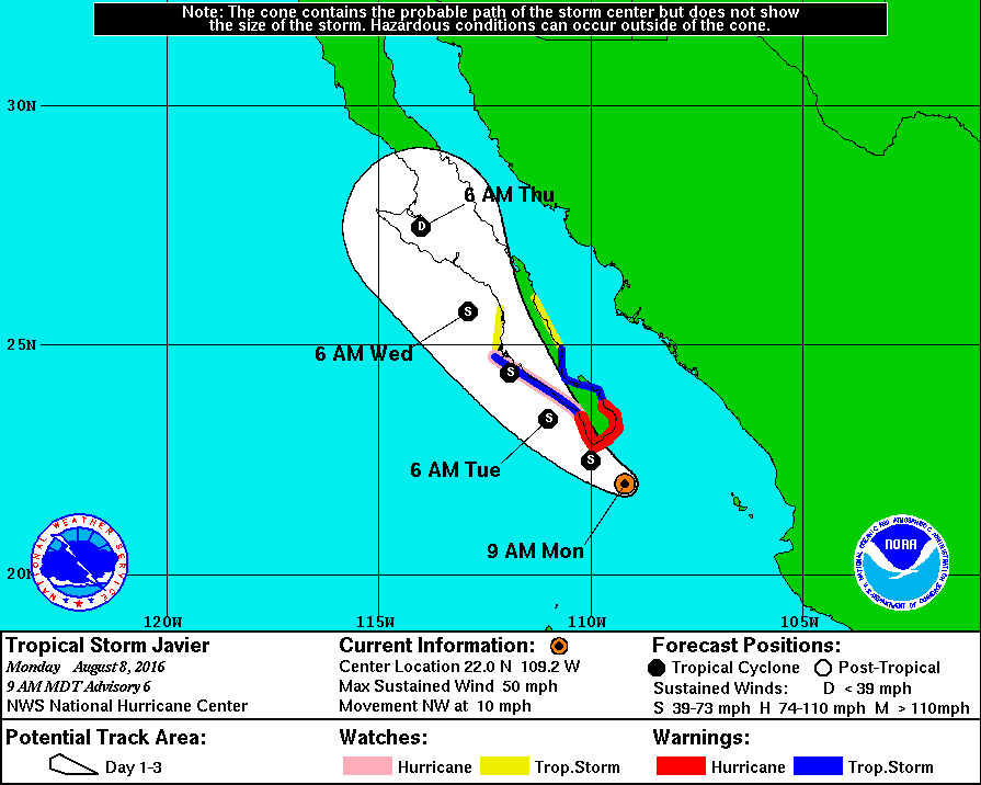 Probable path of Tropical Storm Javier