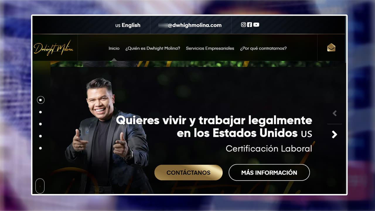 En su página web, Dwhight Molina hace referencia a la certificación laboral y la oportunidad de vivir y trabajar legalmente en Estados Unidos.