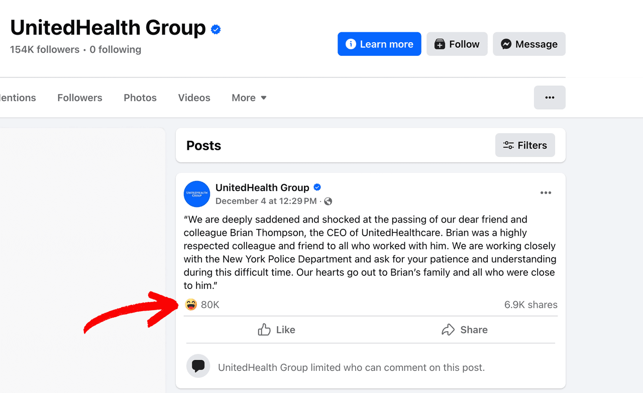 Las reacciones al mensaje de condolencias de UnitedHealthcare Group en Facebook, tras el asesinato del CEO de la gigante de seguros de salud UnitedHealthcare.