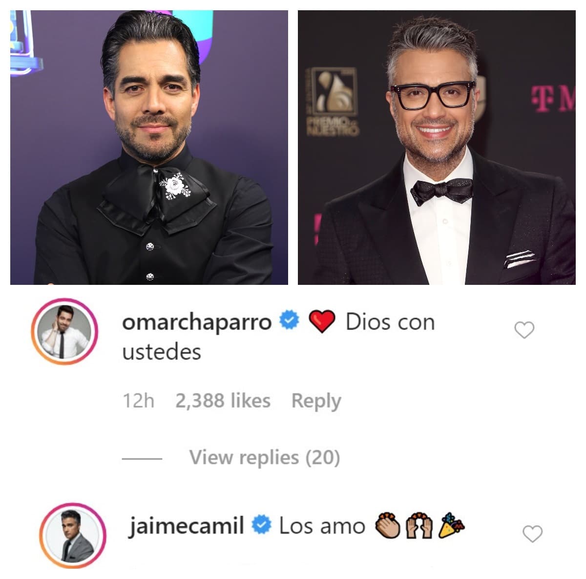 Los actores 
<b><a href="https://www.univision.com/shows/despierta-america/omar-chaparro-comparte-el-poderoso-motivo-por-lo-que-considera-tan-especial-interpretar-a-pedro-infante-video" target="_blank">Omar Chaparro</a></b> y 
<b><a href="https://www.univision.com/famosos/14-anos-despues-de-la-fea-mas-bella-jaime-camil-y-angelica-vale-estrenan-un-duo-contra-el-coronavirus-video" target="_blank">Jaime Camil</a></b>, quienes actualmente residen en Estados Unidos afianzando sus carreras en Hollywood, también tuvieron mensajes de apoyo para la pareja, que se unió en matrimonio el 21 de mayo de 2016.