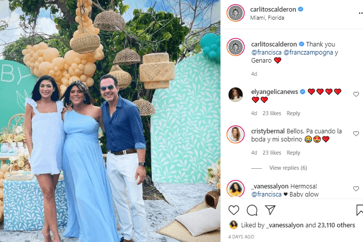 Recientemente, Carlos Calderón compartió una foto en el baby shower de Francisca en el que aparece junto a su prometida, misma que recibió miles de likes y cientos de comentarios. Uno de ellos fue el de la esposa de Alan Tacher, quien los cuestionó sobre la boda y el tiempo en el que encargarán también un bebé.
