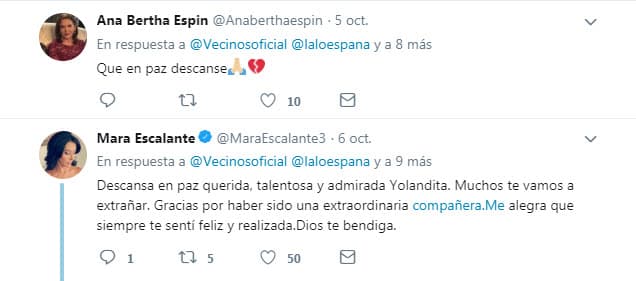 Quienes compartieron escena con ella, entre los que se encuentran 
<b>Ana Bertha Espín y Mara Escalante</b>, también expresaron su pesar.