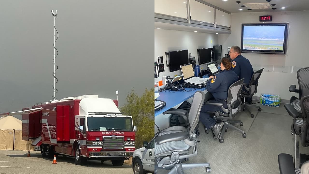 Bomberos de Bakersfield llevan vehículo de comando móvil al incendio French