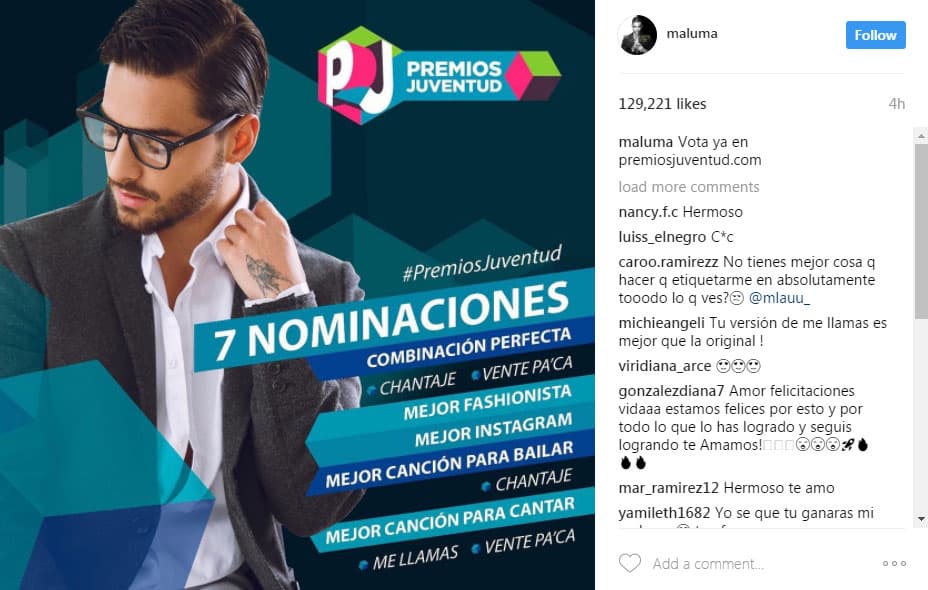 Él anunció sus siete nominaciones en Instagram y así le pidió a sus fans votar.