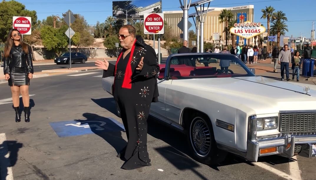 Así que Raúl y Clarissa iniciaron su paseo por el 'Strip', justo frente al icónico letrero de 'Welcome to Las Vegas', ella en minifalda de piel y él vestido como el rey Elvis.