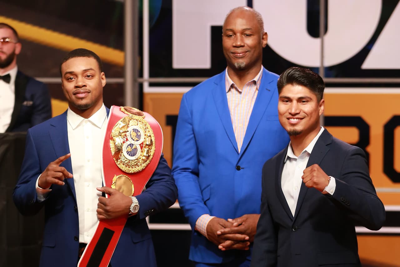 LOS ANGELES, CALIFORNIA - NOVEMBER 13: (L-R) Errol Spence Jr., lennox Lewis and Mikey Garcia attend FOX Sports and Premier Boxing Champions Press Conference Experience on November 13, 2018 in Los Angeles, California. (Photo by Leon Bennett/Getty Images)