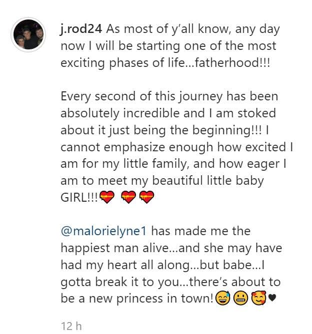 El anuncio lo hicieron cuando Malorie estaba a punto de dar a luz. José Eduardo dijo en esa publicación que la bebé podría llegar al mundo en cualquier momento. "¡No puedo enfatizar suficiente lo emocionado que estoy por mi pequeña familia, y cuan ansioso estoy de conocerte mi pequeña NENA!!!!", comentó.