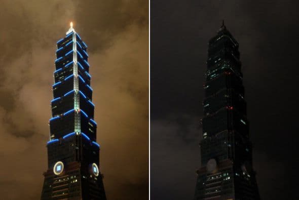 Aquí podemos ver Taipei antes y después de que las luces se apagaran.