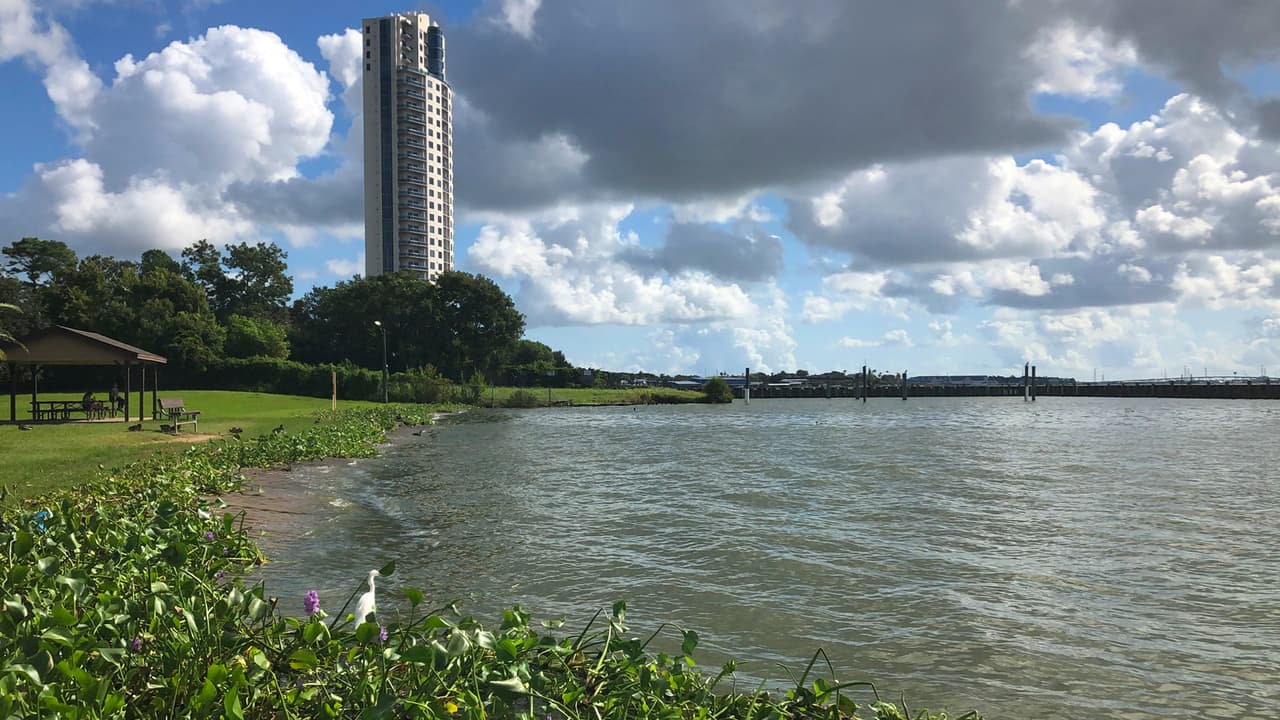 Así se ve el imponente edificio de condominios Endeavour Clear Lake desde el muelle del parque.
<br>