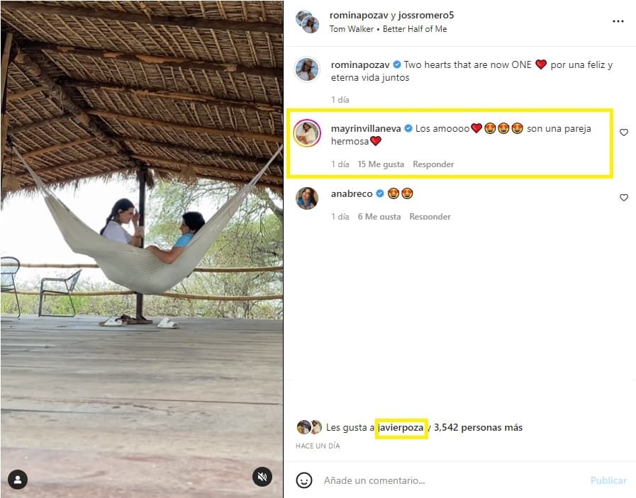 Romina compartió en su feed de Instagram un cariñoso mensaje: "Dos corazones que son uno. Por una feliz y eterna vida juntos". Mayrín Villanueva comentó la publicación: "Los amo, son una pareja hermosa". Su tío, el presentador Javier Poza, también reaccionó dándole 'me encanta' a la publicación.