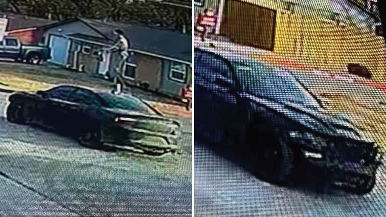 Cámaras de seguridad captaron el Dodge Charger que autoridades dicen fue utilizado por el sospechoso para huir tras el tiroteo en un cajero automático de Chase Bank.