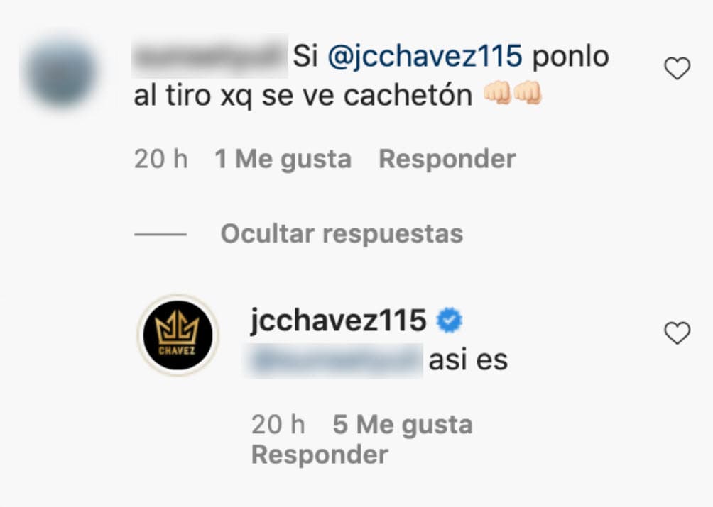 <b>Aunque ese mensaje fue borrado</b>, Chávez respondió a otro de sus fans. Ese comentario sigue vigente: "Ponlo al tiro porque se ve cachetón", le dijeron. El pugilista fue directo con su respuesta: "Así es".