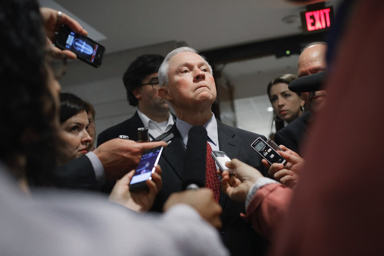WASHINGTON, DC - JUNE 10: Senate Armed Services Committee Member U.S. Sen. Jeff Sessions (R-AL) talks with reporters after being briefed by military officals about the prisoner exchange that freed Army Sgt. Bowe Bergdahl at the U.S. Capitol June 10, 2014 in Washington, DC. The trade of Bergdahl for five senior Taliban officials has angered some members of Congress because they were not informed of the swap beforehand. (Photo by Chip Somodevilla/Getty Images)