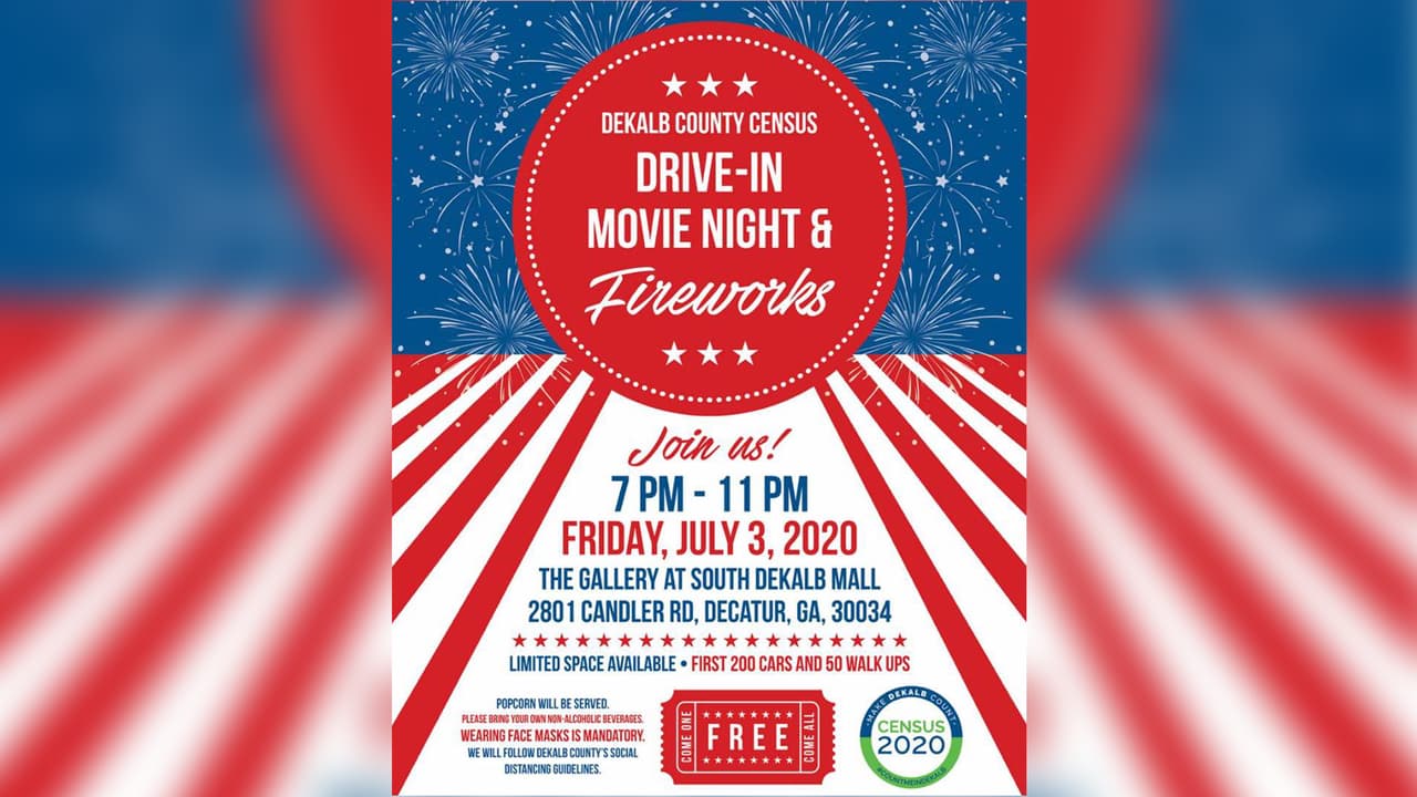 El Censo del Condado de DeKalb está organizando una noche de películas Drive-in antes del Día de la Independencia completa con una exhibición de fuegos artificiales en The Gallery en South DeKalb. Solo se pueden acomodar los primeros 200 autos y 50 walk-ups.
<br>
<br>Desde las 7:00pm a 11:00 pm viernes 3 de julio. Gratis. En South DeKalb. 2801 Candler Rd, Decatur.
<br>