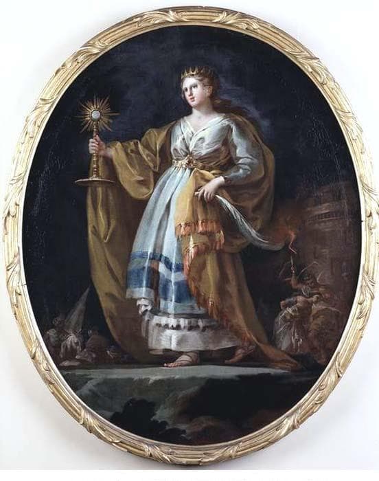 También se cuenta que el padre de la Santa quería casarla y ella se negó y se cortó los dos pechos para que la repudiará su futuro esposo. Entonces el padre la sacó por toda la plaza encima de un caballo para que fuera vista por todo el pueblo y pasará vergüenza, por lo que solicitó al cielo que nadie pudiera verla y una tormenta tapó su paseo a través de nubes que la envolvieron por completo.