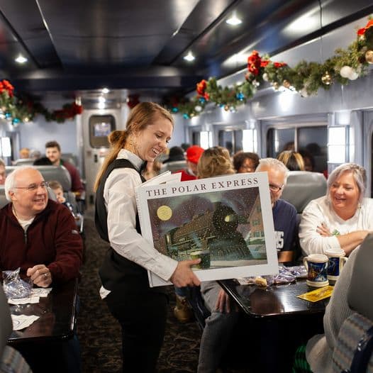 Se trata de una aventura festiva de más de una hora de duración en vagones adornados con luces de cuerda blanca alrededor de los bordes exteriores que iluminan el paisaje mientras el tren viaja para encontrar a Santa Claus en North Pole Village, que está iluminado por 62,000 luces de colores.