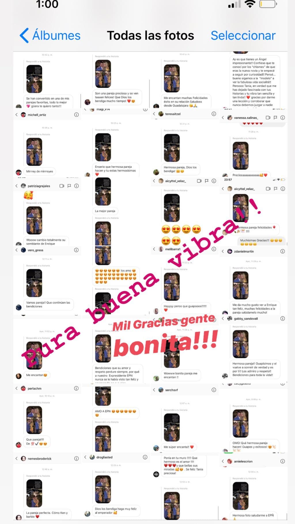 Luego de publicar su romántico mensaje, recibió muestras de cariño de parte de sus seguidores por lo que, en otras historias, subió las dedicatorias que le compartieron.