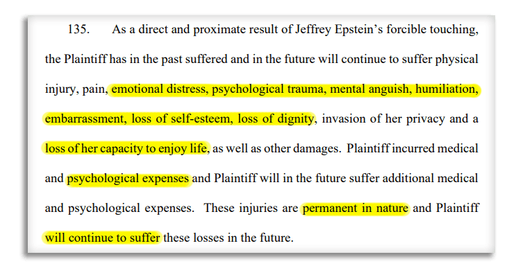 Captura de pantalla de la declaración jurada de la acusación de la demanda civil en contra del inmueble de Epstein.