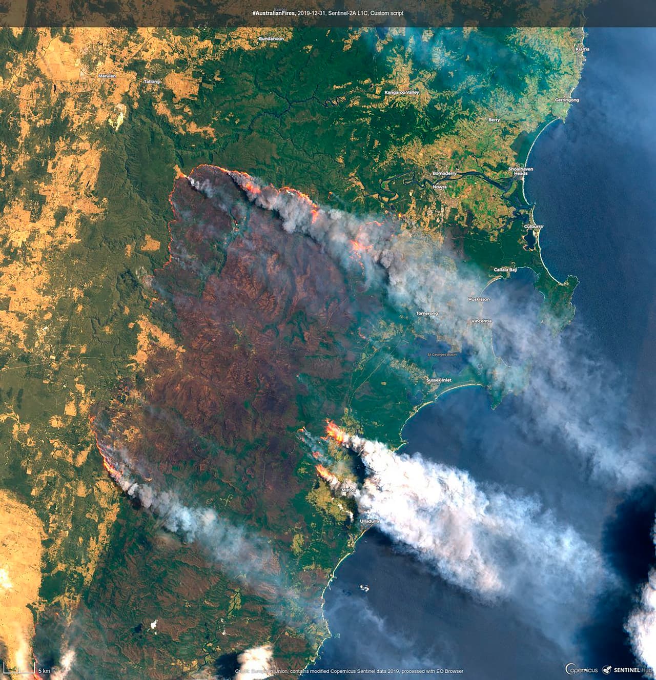 Una fotografía satelital del incendio en la montaña Clyde, a unas 124 millas al sur de Sydney. En el estado de Nueva Gales del Sur, el más afectado por los incendios que arden desde septiembre, se ha declarado nuevamente el estado de emergencia debido a los pronósticos de
<a href="https://www.univision.com/noticias/mundo/cuantos-animales-han-muerto-en-los-incendios-de-australia-ecologistas-estiman-que-480-millones">temperaturas por encima de los 40 grados </a>y fuertes vientos en la costa.
