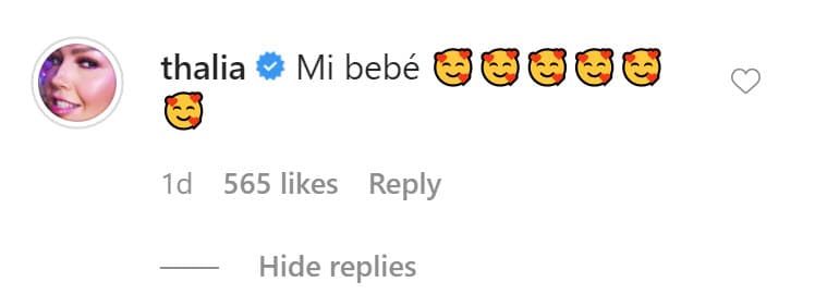 La 'Reina de las telenovelas' dejó ver el amor que le tiene al escribirle 
<b><a href="https://www.univision.com/entretenimiento/chismes/diez-anos-de-ser-la-senora-thalia-de-mottola" target="_blank">"mi bebé"</a></b> junto a una serie de emoticonos de la carita feliz llena de corazones. 
<br>